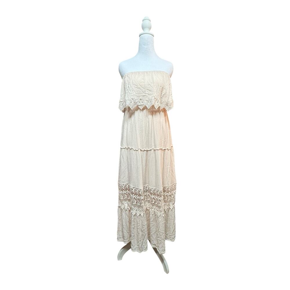 Boho Flying Tomato Sz M Strapless Cream Romantic Lace Maxi Dress Costal Cowgirl